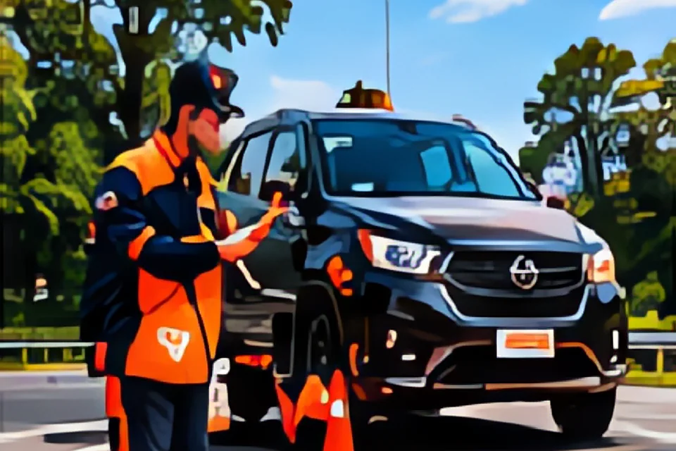Ô tô con dừng trên làn khẩn cấp cao tốc, đèn khẩn cấp nhấp nháy, phía sau là biển cảnh báo tam giác phản quang