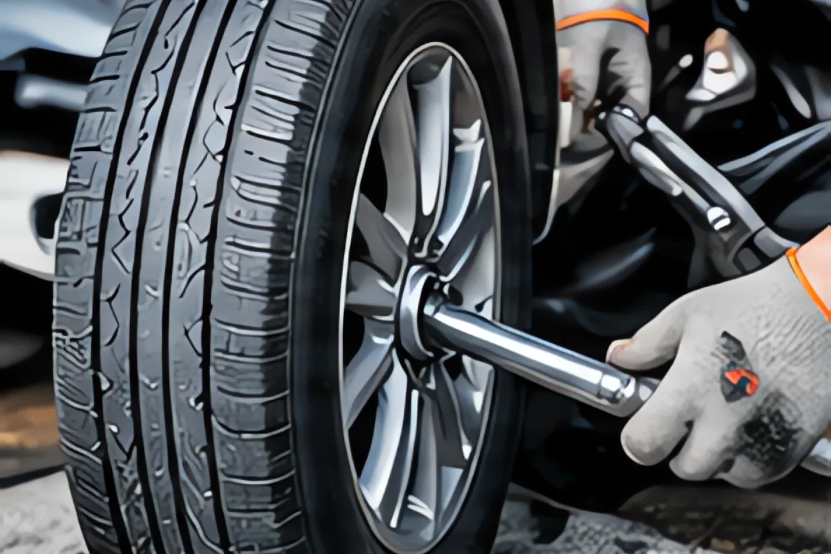 Ô tô SUV dừng trên lề quốc lộ với bánh trước bên phải bị nổ, lốp xẹp hẳn, đèn khẩn cấp đang bật