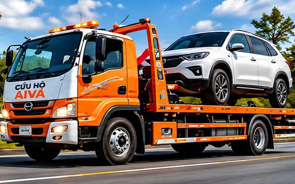 Xe cứu hộ sàn trượt bật đèn xoay đỗ trên làn khẩn cấp cao tốc, kỹ thuật viên đang tời một chiếc sedan chết máy lên sàn