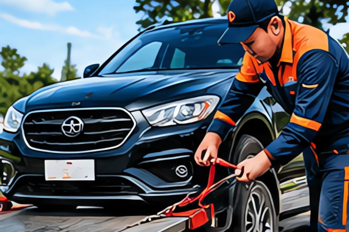 Xe cứu hộ sàn trượt chở một chiếc sedan bị móp đầu, bốn bánh được chằng dây đai màu vàng chắc chắn