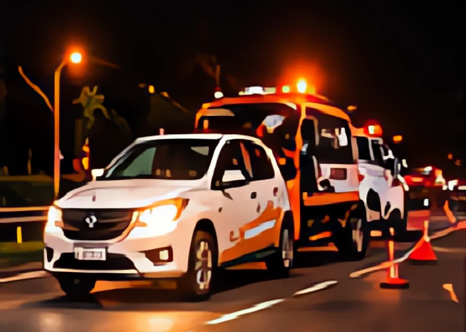Biển cảnh báo tam giác phản quang đặt trên làn dừng khẩn cấp của đường cao tốc, phía xa là chiếc SUV bật đèn khẩn cấp