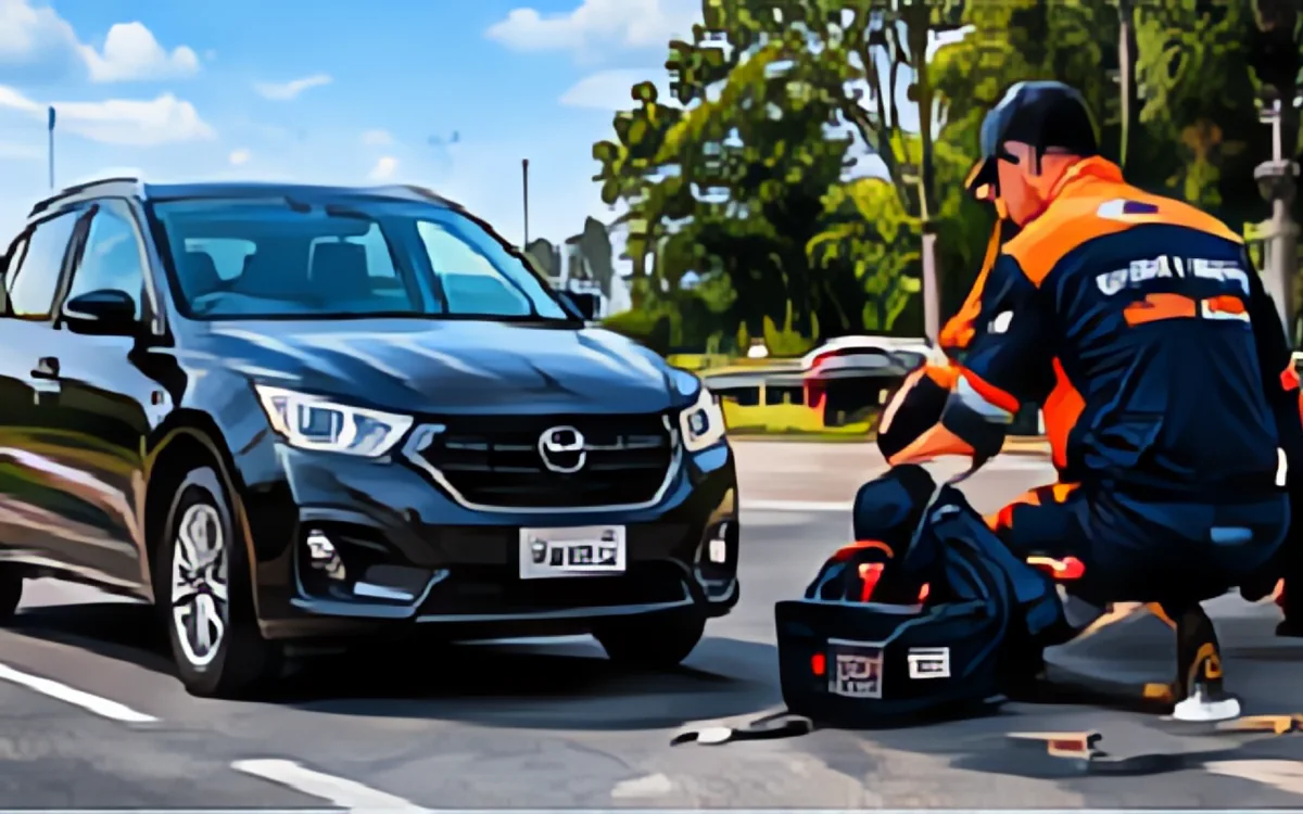 Kỹ thuật viên cứu hộ mặc áo phản quang màu cam kiểm tra khoang động cơ ô tô bên lề quốc lộ