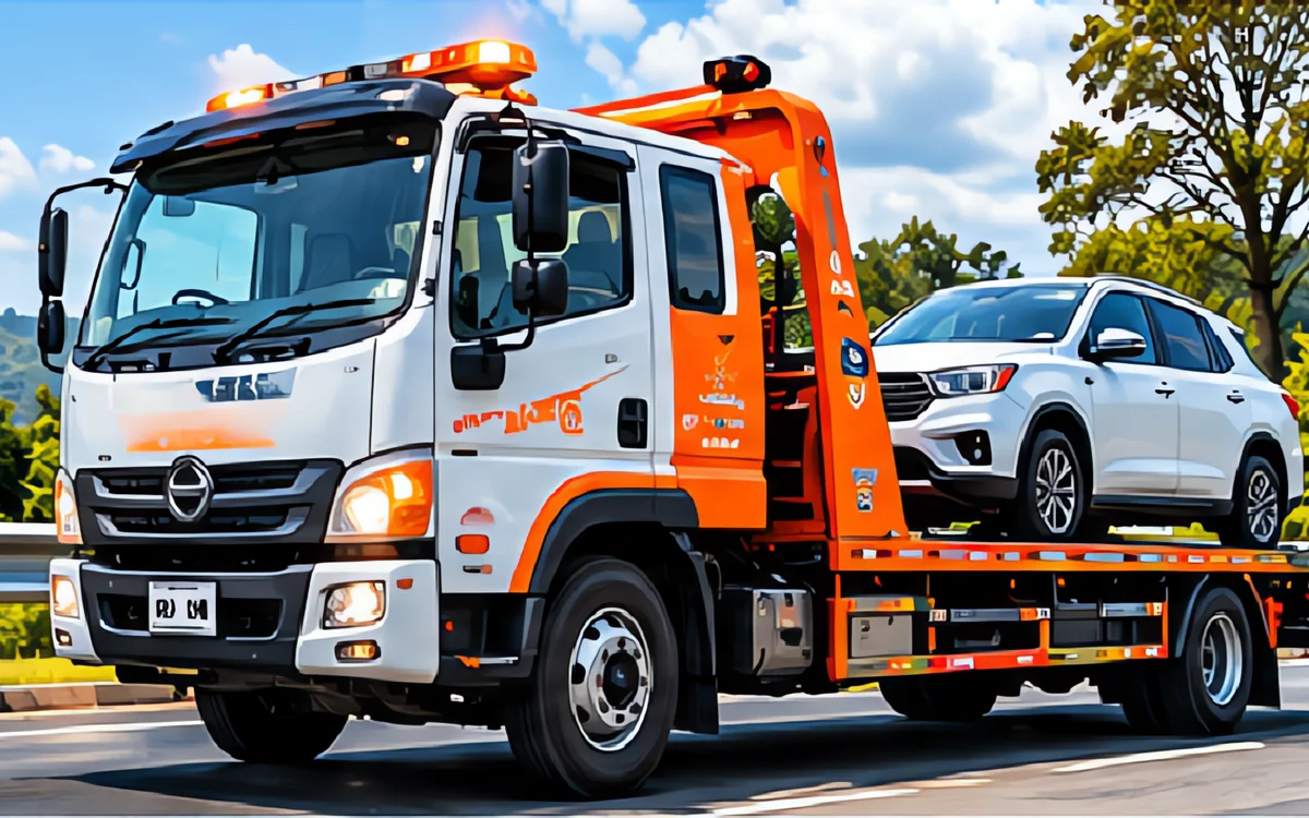 Kỹ thuật viên áo phản quang màu cam đặt biển cảnh báo tam giác phía sau chiếc ô tô bị va chạm bên lề quốc lộ
